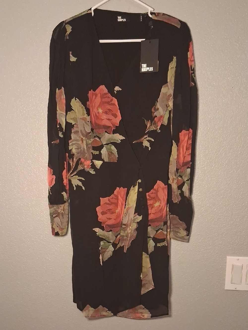 The Kooples Black Long-Sleeve Floral Wrap Dress with Coral Roses
